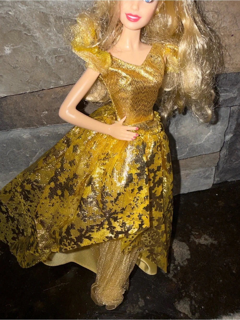 Barbie fashion blonde hair doll in formal gold ball gown